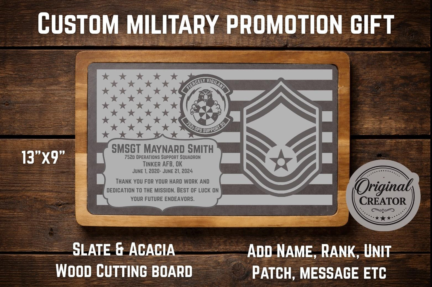 Custom Military Promotion & Retirement Cutting Board | Personalized Rank, Unit & Squadron Gift | Air Force, Army, Navy, Marines