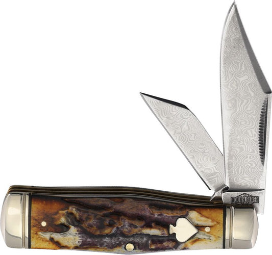 Rough Rider Coke Bottle Damascus Folding Knife – Cinnamon Jigged Bone | RR2527