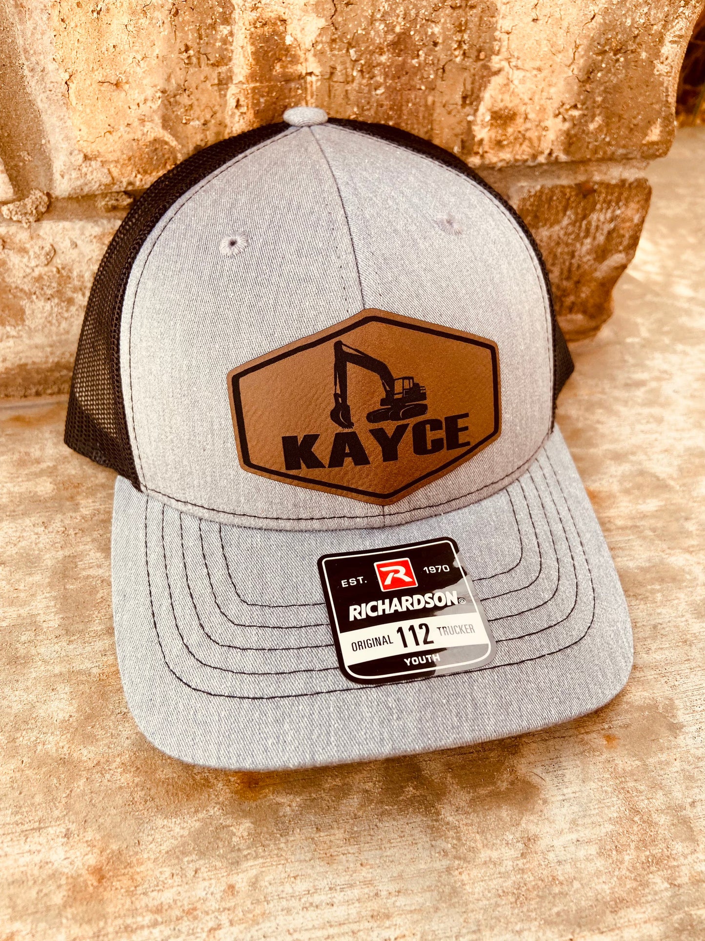 Personalized Excavator Hat for Kids | Richardson 112 Youth Leather Patch Hat