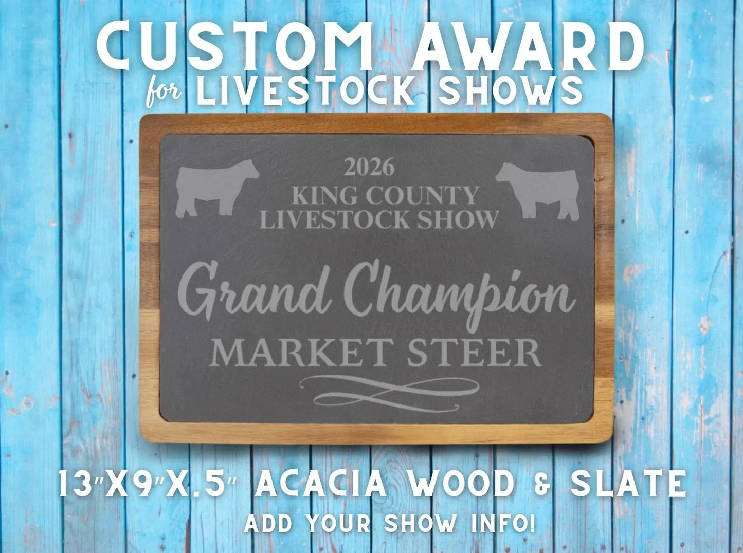 Custom Livestock Show Cutting Board | Personalized Acacia Wood & Slate Award | County Fair & 4-H Championship Gift
