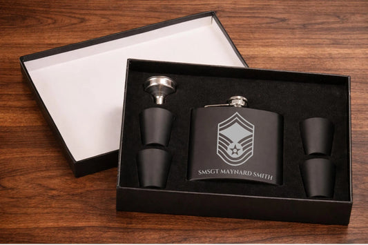 Personalized Engraved Flask Gift Set | Custom Military, Retirement Gift, PCS Gift