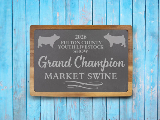 Custom Livestock Show Cutting Board | Personalized Acacia Wood & Slate Award | County Fair & Show Championship Gift