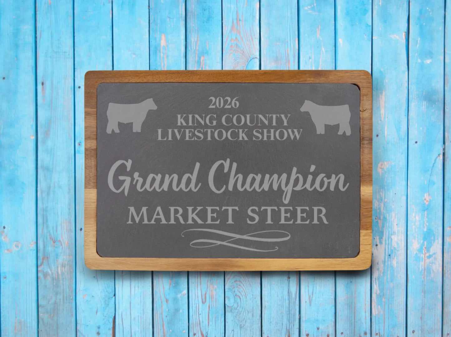 Custom Livestock Show Cutting Board | Personalized Acacia Wood & Slate Award | County Fair & 4-H Championship Gift