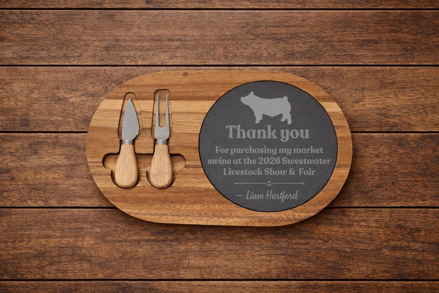 Custom Livestock Buyer Thank You Gift | Personalized Acacia & Slate Cheese Board