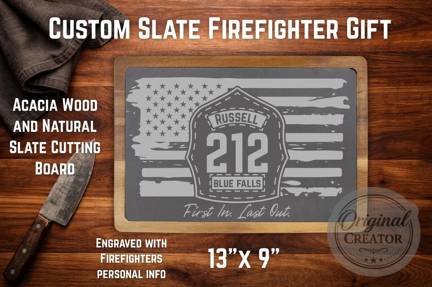 Custom Firefighter Slate Cutting Board | Personalized Firefighter Gift