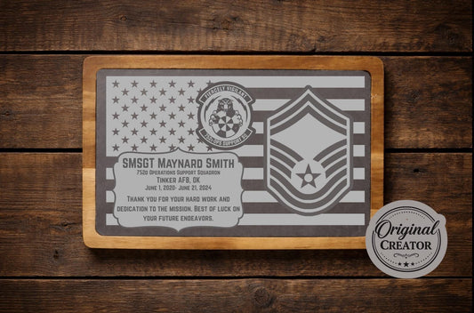 Custom Military Promotion & Retirement Cutting Board | Personalized Rank, Unit & Squadron Gift | Air Force, Army, Navy, Marines