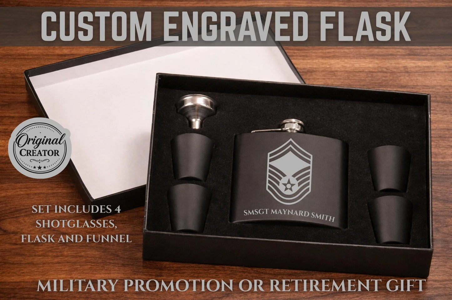 Personalized Engraved Flask Gift Set | Custom Military, Retirement &amp; Groomsmen Gift