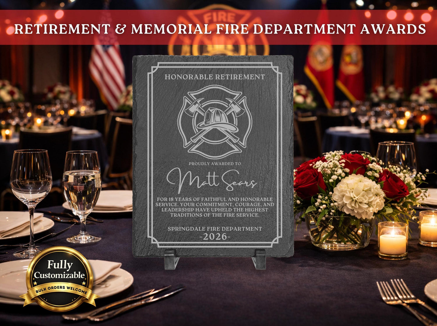 Personalized Fire Department Retirement & Memorial Plaque | Custom Engraved Slate Award