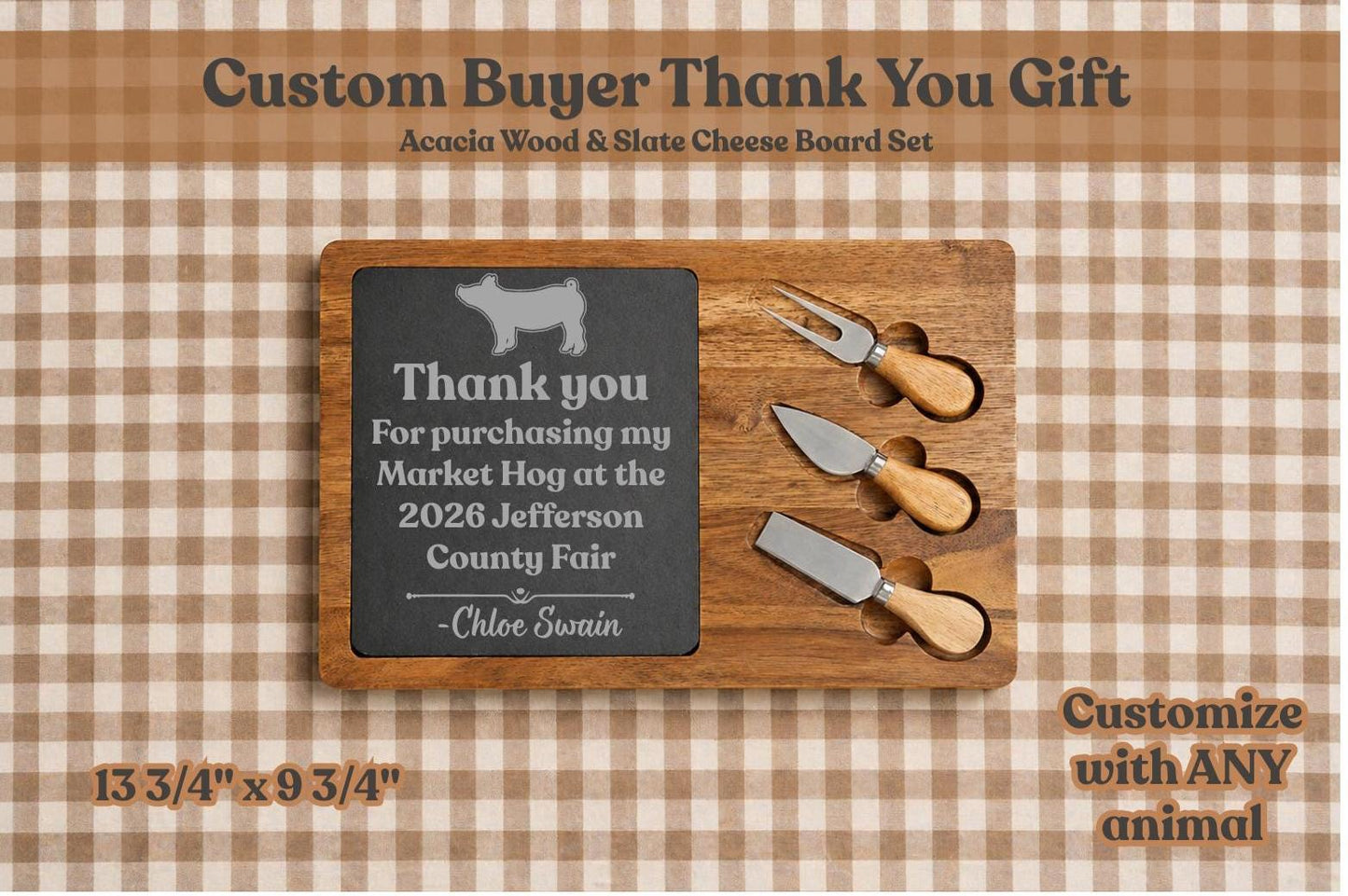 Custom Livestock Buyer Thank You Gift | Personalized Acacia & Slate Square Cheese Board