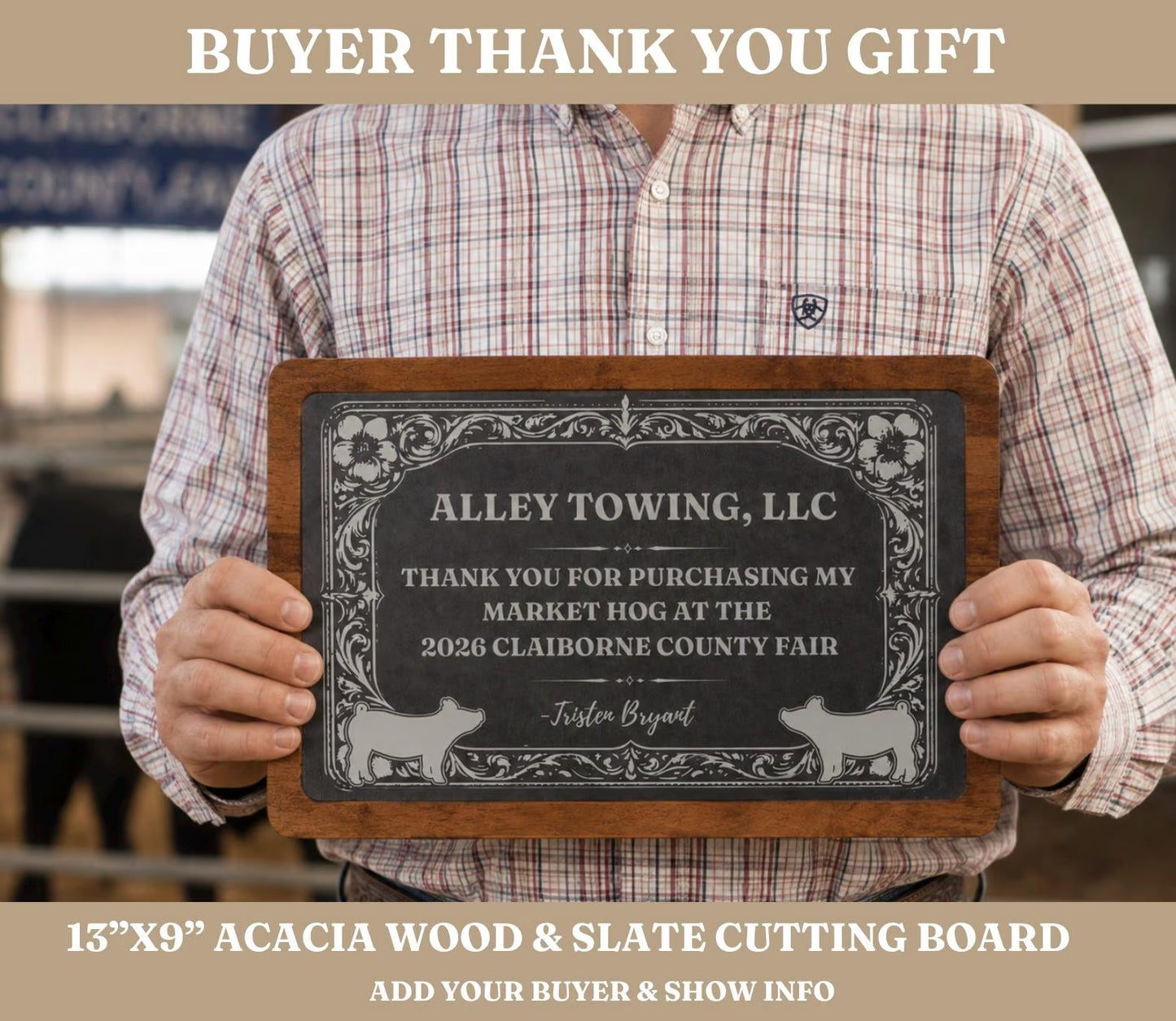 Personalized Acacia Wood & Slate Buyer Thank You Gift Cutting Board | Custom Livestock Show Gift |